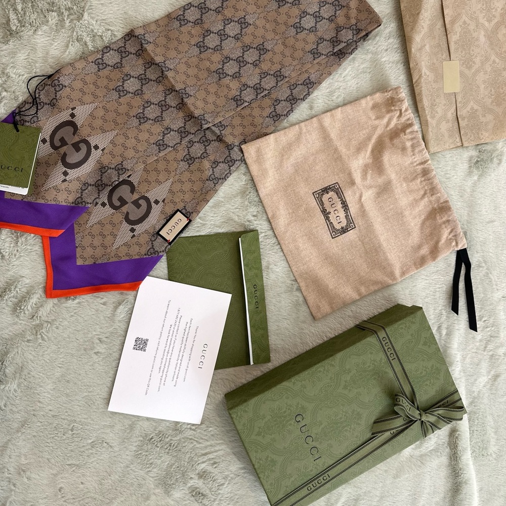 Gucci silk scarf. GG patchwork backgammon print neck bow.
